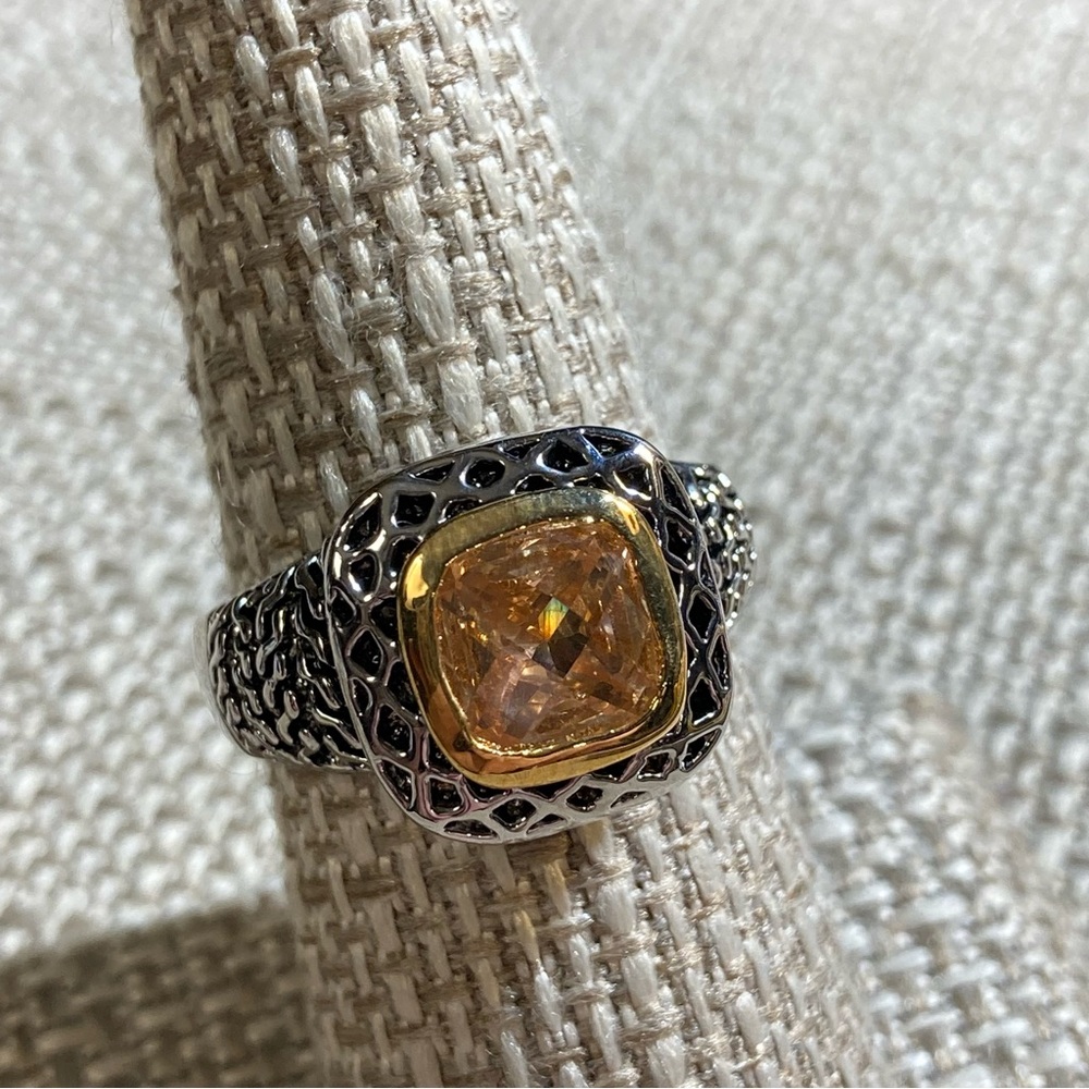 Yellow Glass Stone Cocktail Ring Two Tone Size 8